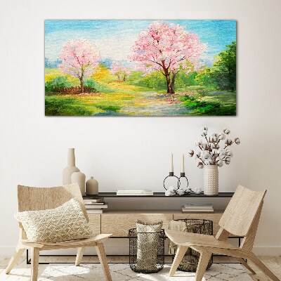 Tableau imprimé sur verre Arbres printaniers en fleurs roses