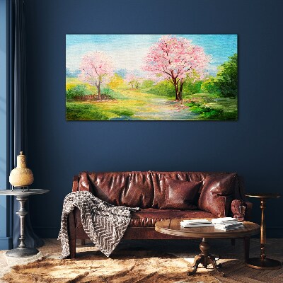 Tableau imprimé sur verre Arbres printaniers en fleurs roses
