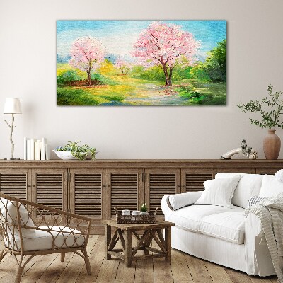 Tableau imprimé sur verre Arbres printaniers en fleurs roses