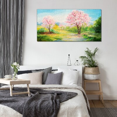 Tableau imprimé sur verre Arbres printaniers en fleurs roses