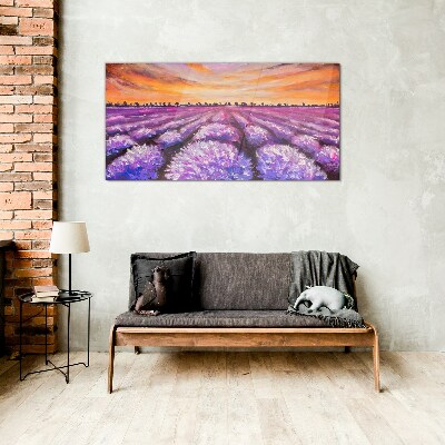Tableau en verre Champs de lavande violette au coucher du soleil