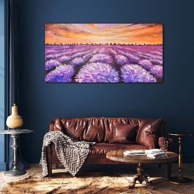 Tableau en verre Champs de lavande violette au coucher du soleil