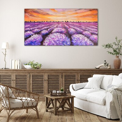Tableau en verre Champs de lavande violette au coucher du soleil