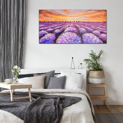 Tableau en verre Champs de lavande violette au coucher du soleil