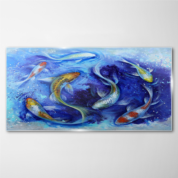 Tableau imprimé sur verre La danse de la carpe dans l'eau bleue