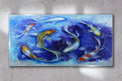 Tableau imprimé sur verre La danse de la carpe dans l'eau bleue