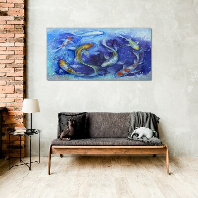 Tableau imprimé sur verre La danse de la carpe dans l'eau bleue