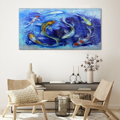 Tableau imprimé sur verre La danse de la carpe dans l'eau bleue