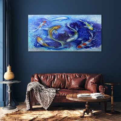 Tableau imprimé sur verre La danse de la carpe dans l'eau bleue