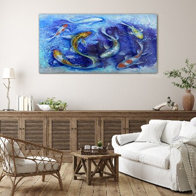 Tableau imprimé sur verre La danse de la carpe dans l'eau bleue