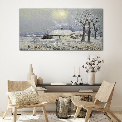 Tableau verre imprimé Paysage d'hiver avec une maison