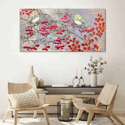 Tableau photo sur verre Oiseaux sur une branche avec des fruits