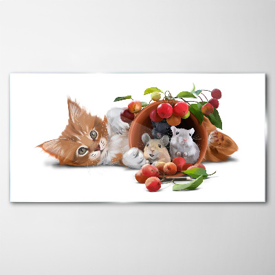 Tableau verre imprimé Chat avec des souris et des fruits