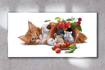 Tableau verre imprimé Chat avec des souris et des fruits