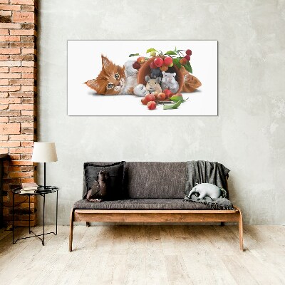 Tableau verre imprimé Chat avec des souris et des fruits