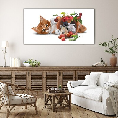 Tableau verre imprimé Chat avec des souris et des fruits