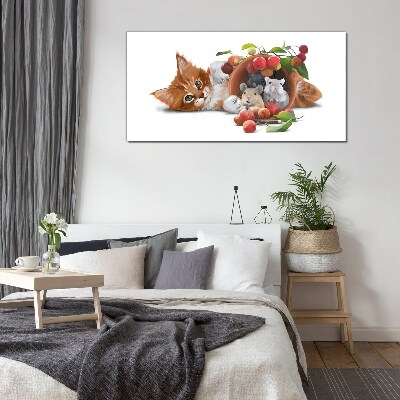 Tableau verre imprimé Chat avec des souris et des fruits