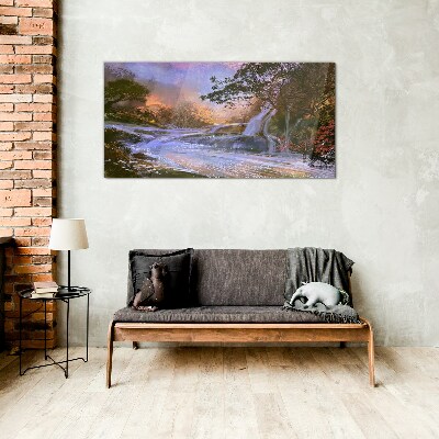 Tableau verre imprimé Un paysage paisible avec une cascade