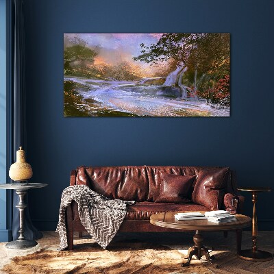 Tableau verre imprimé Un paysage paisible avec une cascade