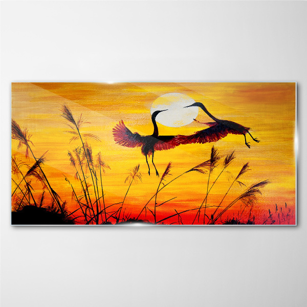 Tableau sur verre Grues dansantes au coucher du soleil