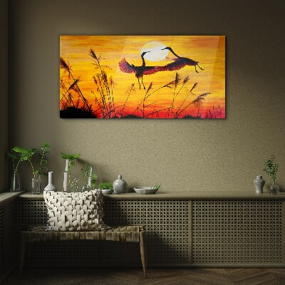 Tableau sur verre Grues dansantes au coucher du soleil