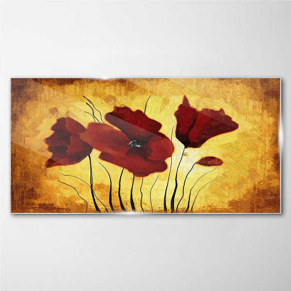 Tableau photo sur verre Coquelicots rouges sur fond jaune