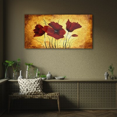 Tableau photo sur verre Coquelicots rouges sur fond jaune