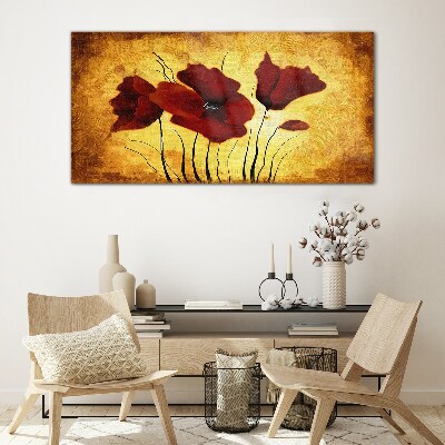 Tableau photo sur verre Coquelicots rouges sur fond jaune