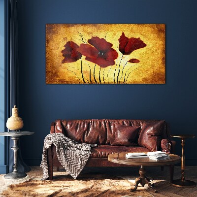 Tableau photo sur verre Coquelicots rouges sur fond jaune