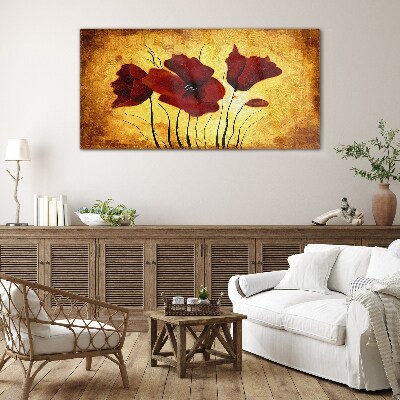 Tableau photo sur verre Coquelicots rouges sur fond jaune