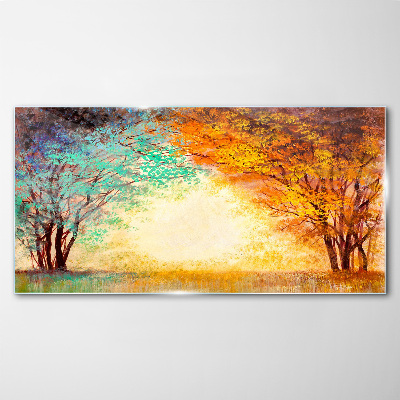 Tableau imprimé sur verre Arbres dorés dans la lumière du matin