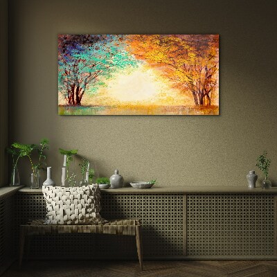 Tableau imprimé sur verre Arbres dorés dans la lumière du matin