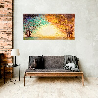 Tableau imprimé sur verre Arbres dorés dans la lumière du matin