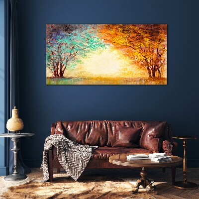 Tableau imprimé sur verre Arbres dorés dans la lumière du matin