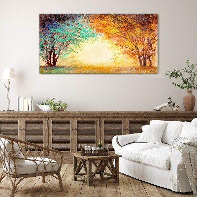 Tableau imprimé sur verre Arbres dorés dans la lumière du matin