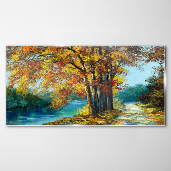 Tableau en verre Avenue d'automne au bord de la rivière