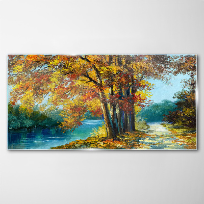 Tableau en verre Avenue d'automne au bord de la rivière
