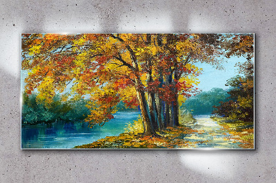 Tableau en verre Avenue d'automne au bord de la rivière