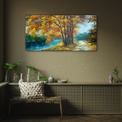 Tableau en verre Avenue d'automne au bord de la rivière