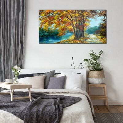 Tableau en verre Avenue d'automne au bord de la rivière