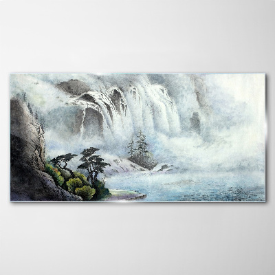 Tableau imprimé sur verre Une cascade dans un paysage mystique