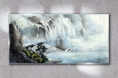 Tableau imprimé sur verre Une cascade dans un paysage mystique