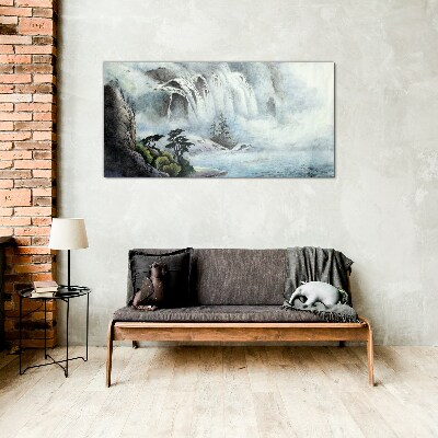 Tableau imprimé sur verre Une cascade dans un paysage mystique