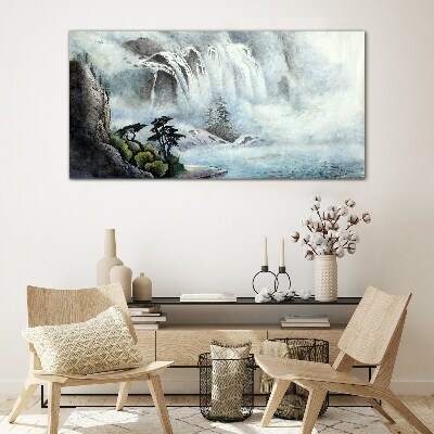 Tableau imprimé sur verre Une cascade dans un paysage mystique