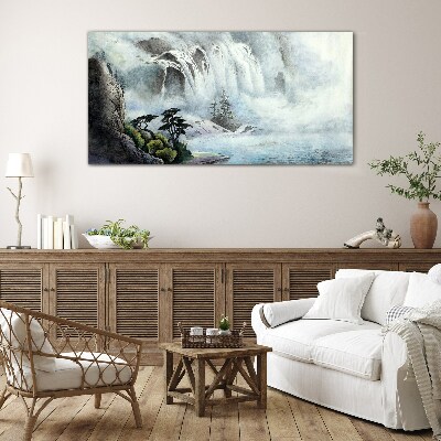 Tableau imprimé sur verre Une cascade dans un paysage mystique