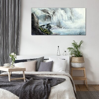 Tableau imprimé sur verre Une cascade dans un paysage mystique