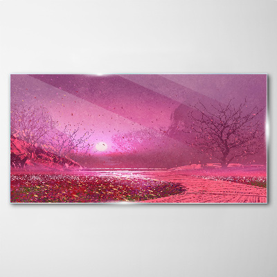 Tableau sur verre Brouillard rose sur le paysage printanier