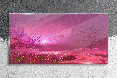 Tableau sur verre Brouillard rose sur le paysage printanier
