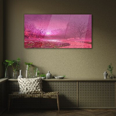 Tableau sur verre Brouillard rose sur le paysage printanier