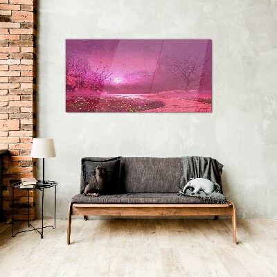 Tableau sur verre Brouillard rose sur le paysage printanier